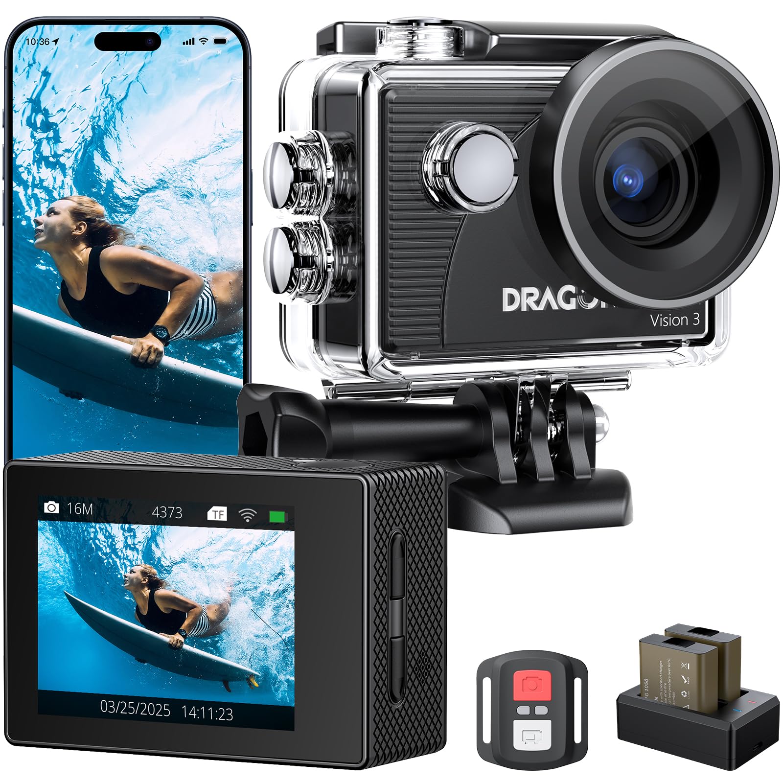 Dragon Touch 4K30FPS Action Camera Vision 3 20MP 100FT Underwater Camera 170° Wide Angle WiFi Sports Waterproof Cam with Remote 2 Batteries and Mounting Accessories Kit