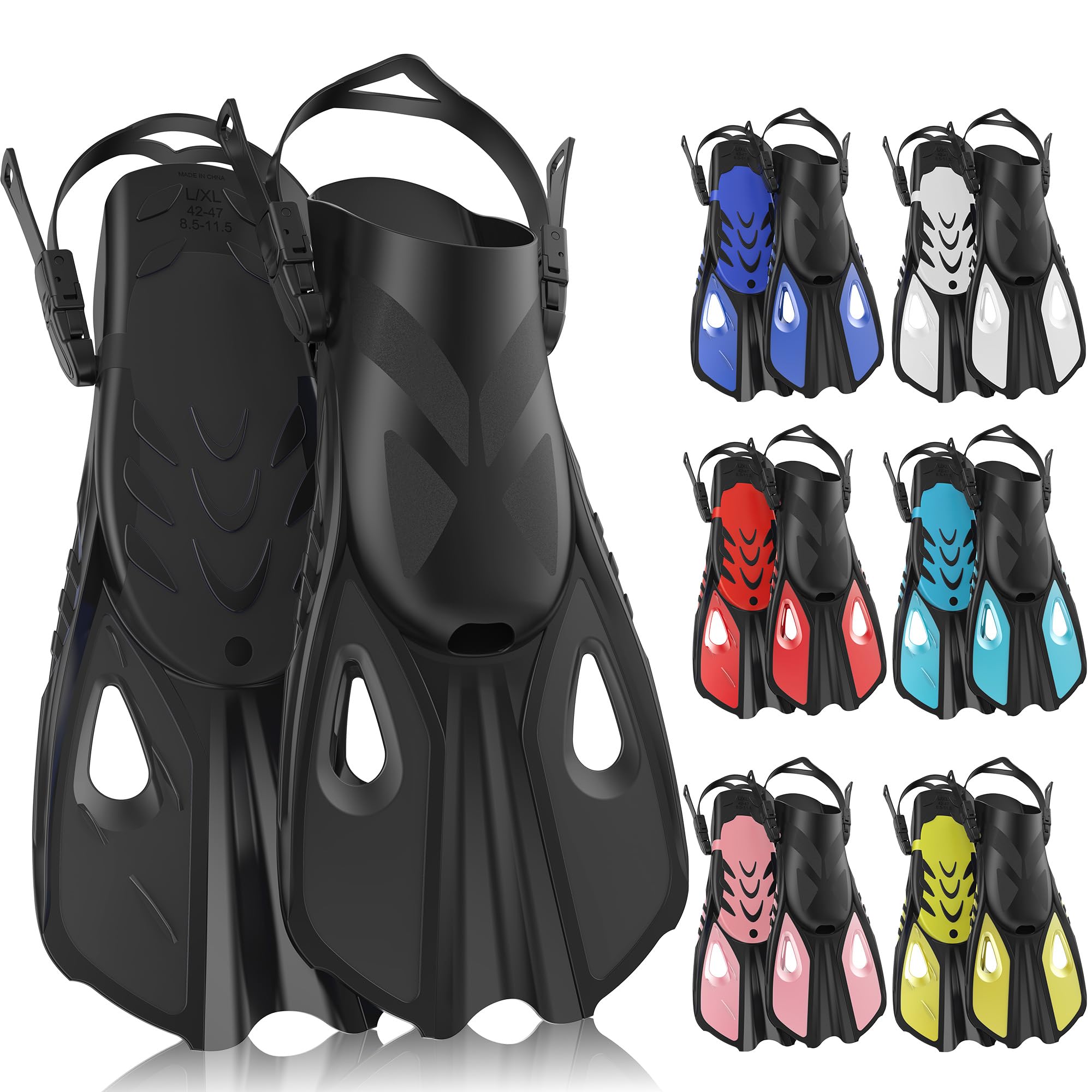 Snorkel Fins, Swim Fins Travel Size Short Adjustable for Snorkeling Diving Adult Men Women Open Heel Swimming Flippers